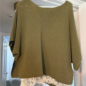 Zara Olive Green Knit Scoop Neck Top with Lace Trim